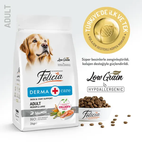 Felicia 3 kg Kolajenli Somonlu Az Tahıllı M/Large Yetişkin Köpek Maması